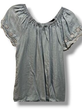 Alison Andrews Women’s Blue Denim Off Shoulder lace crochet sleeve detail top